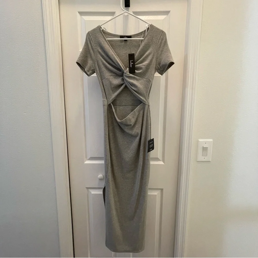 Lulu’s Heather Grey Twist Front Cutout Midi Dress Small - Picture 3 of 6